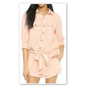Free People size S Peach Stripe Linen/Cotton Long Sleeve Romper With Pockets NWT